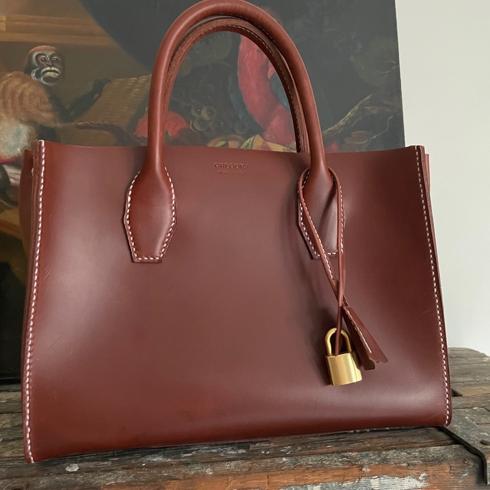 Gregory Red Brown Leather small tote with Gold Padlock new